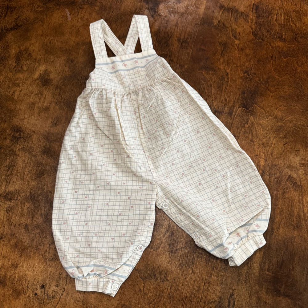 Vintage Cream Floral Plaid Baby Romper Overalls 3 months